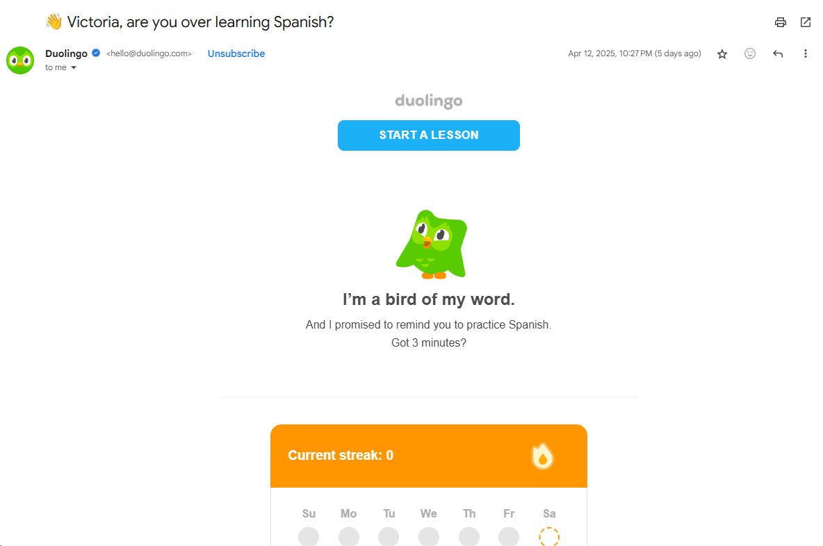 A screenshot of a personalized subject line and email in Duolingo's reactivation email campaign.