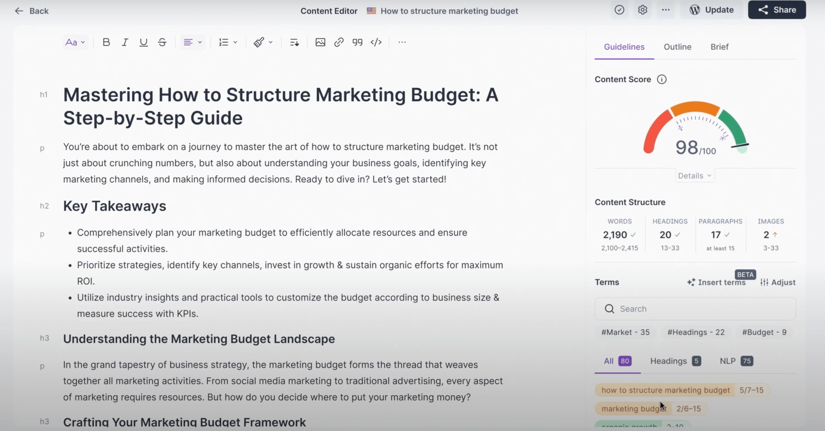 A screenshot showcasing how Surfer helps marketers create search-optimized content