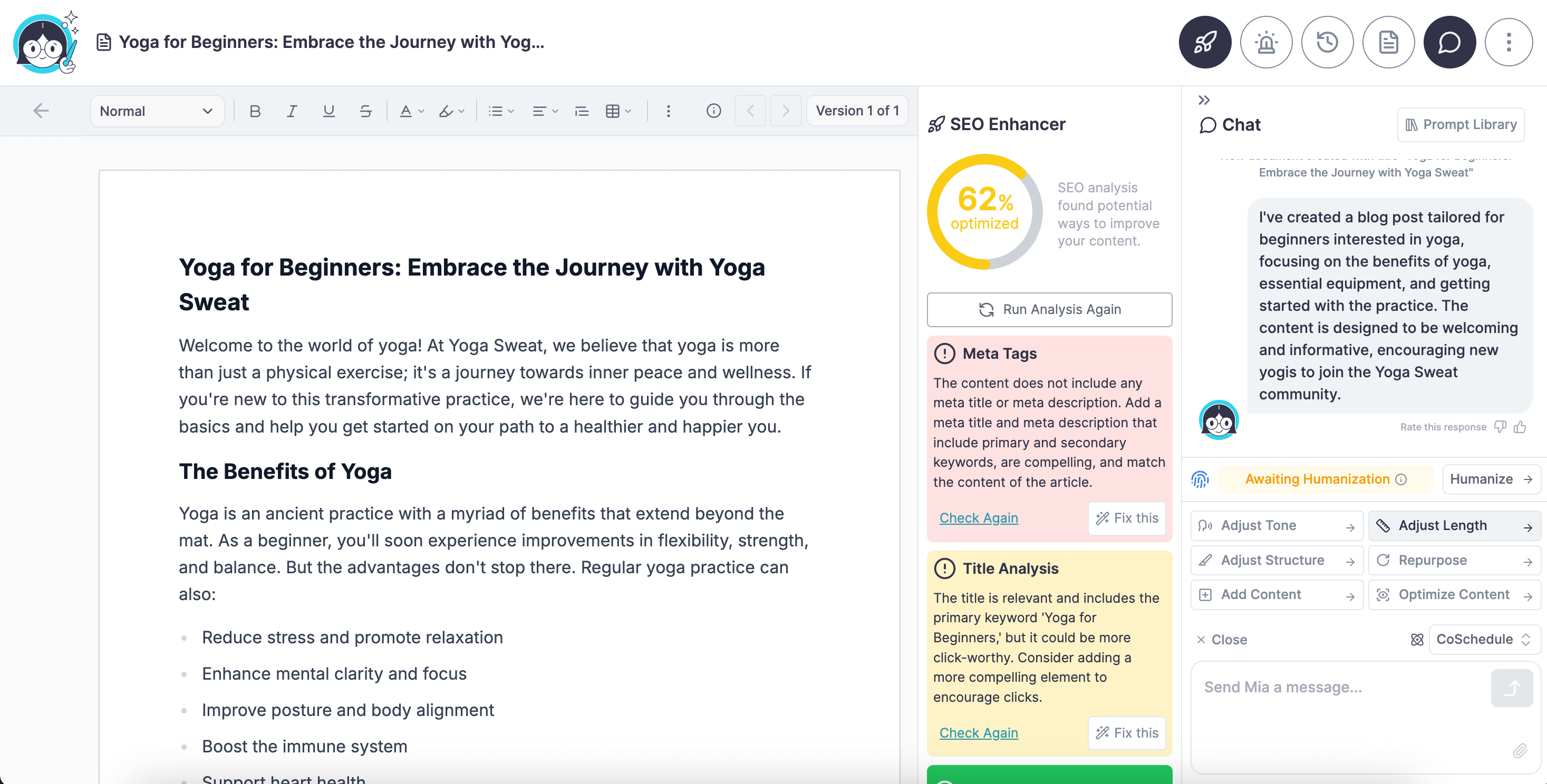 A screenshot showcasing Hire Mia's SEO Enhancer training module