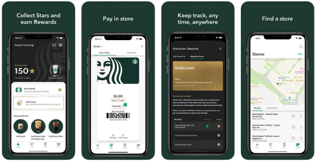 Starbucks mobile app screenshots with products, services, and rewards.