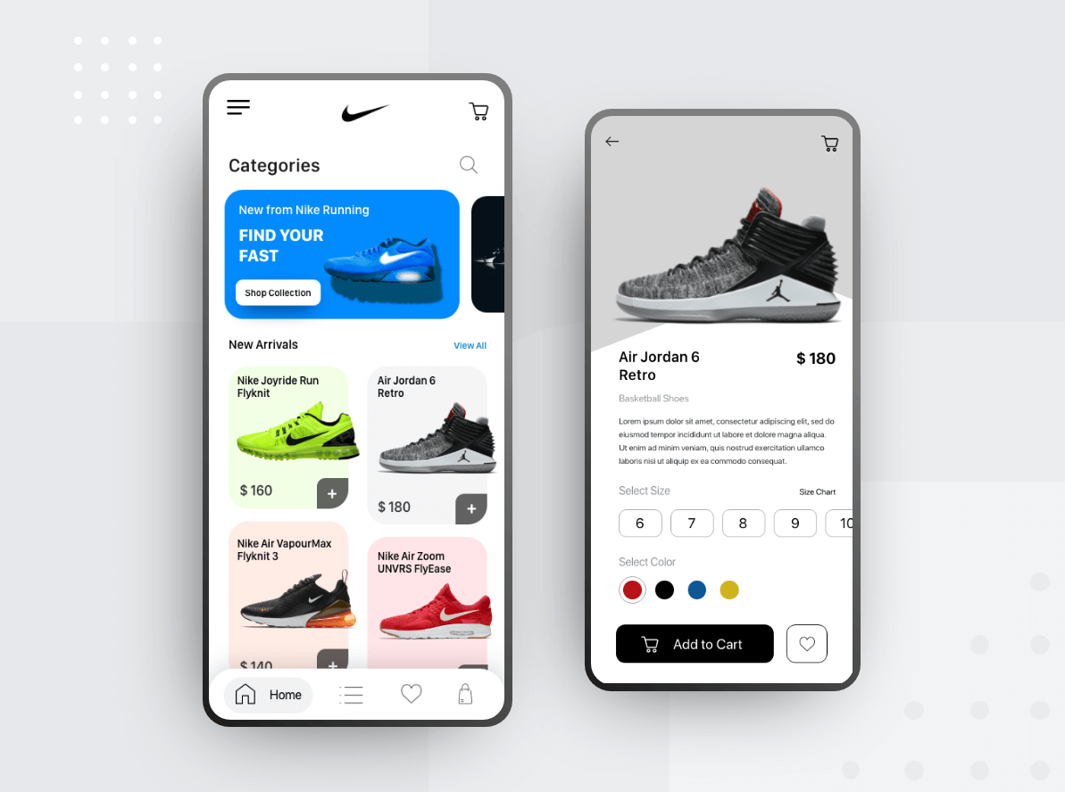 Nike mobile app screenshots with products and services.