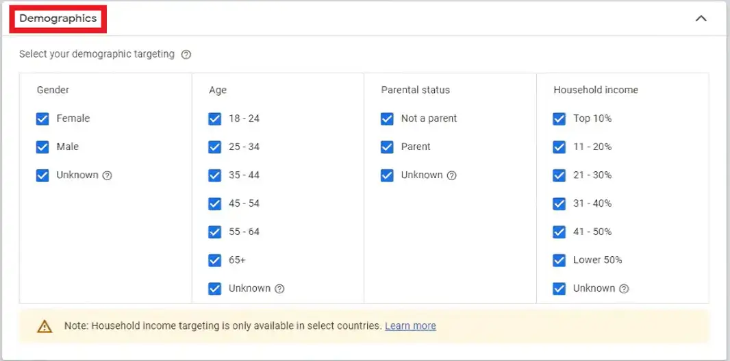 Selecting demographics when setting up YouTube pay per call advertisement in Google Ads