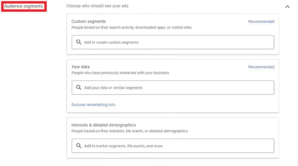Selecting audience segments when setting up YouTube pay per call advertisement in Google Ads