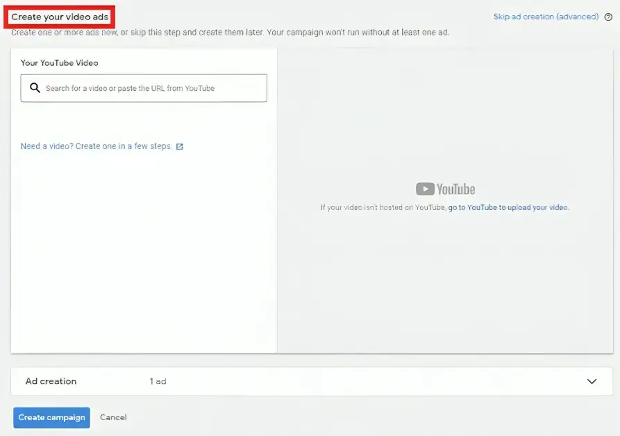 Linkin your YouTube video when setting up YouTube pay per call advertisement in Google Ads