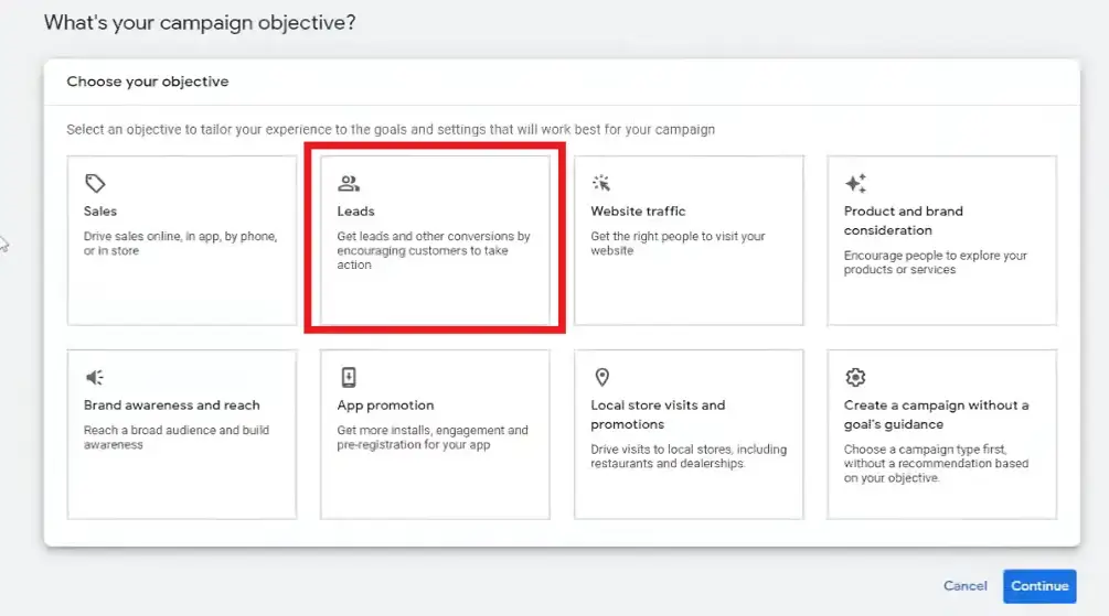 Choosing campaign objectives when setting up YouTube pay per call advertisement in Google Ads