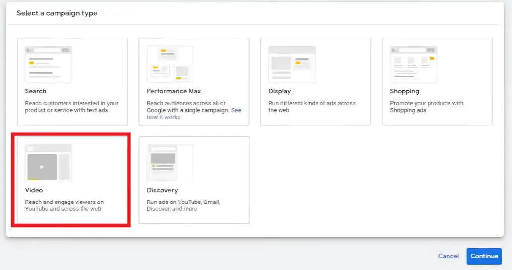 Choosing campaign type when setting up YouTube pay per call advertisement in Google Ads