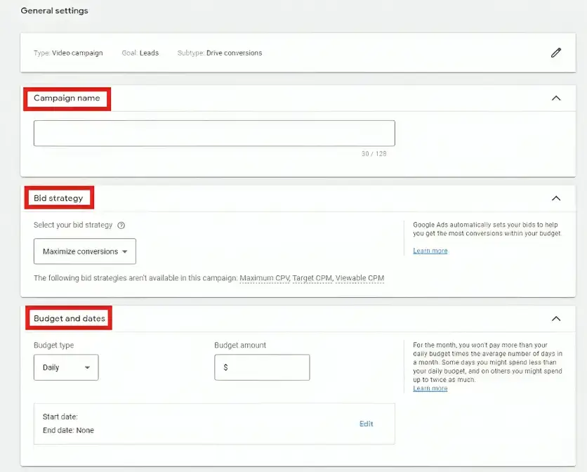 Choosing campaign name, bidding strategy, and budget & dates when setting up YouTube pay per call advertisement in Google Ads