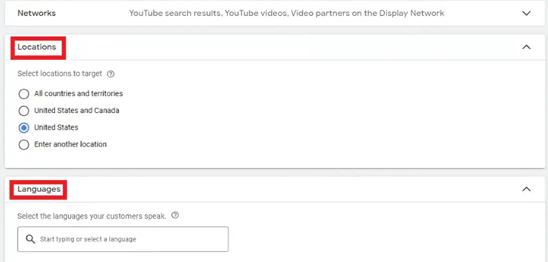  Choosing locations and languages when setting up YouTube pay per call advertisement in Google Ads