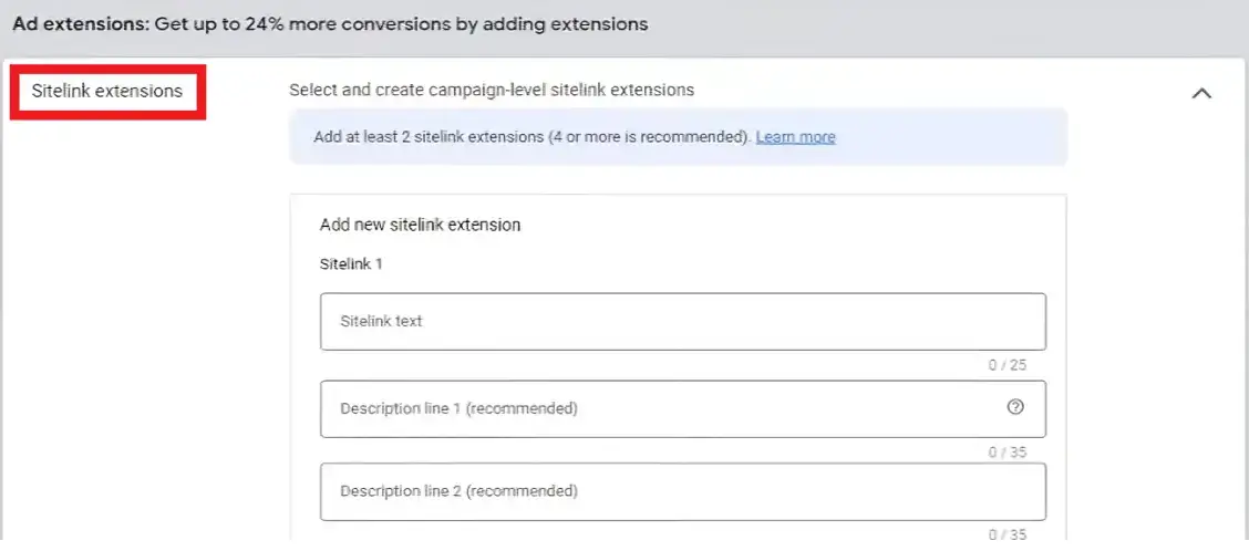 Specifying sitelink extensions when setting up YouTube pay per call advertisement in Google Ads