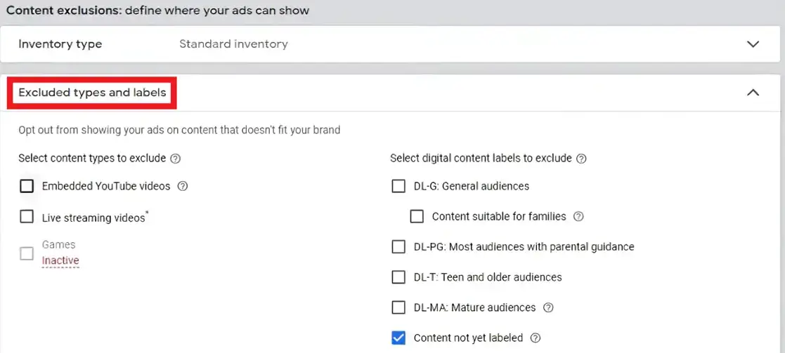 Selecting content exclusions when setting up YouTube pay per call advertisement in Google Ads