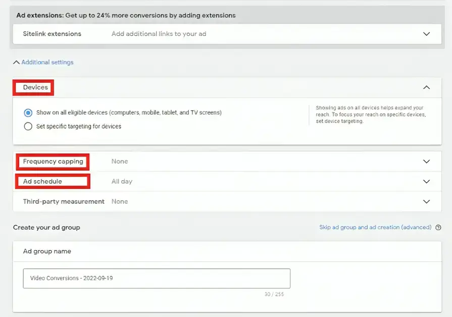 Choosing devices, frequency capping, and ad display schedule when setting up YouTube pay per call advertisement in Google Ads
