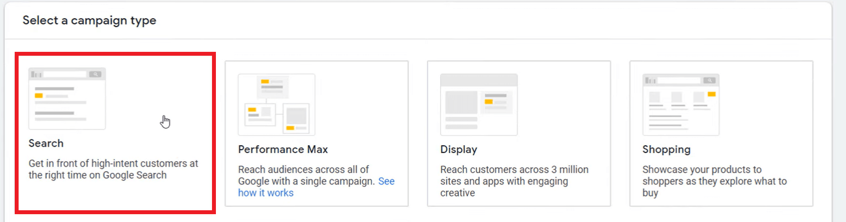 Selecting the campaign type for the Call-Only ads campaign in Google Ads