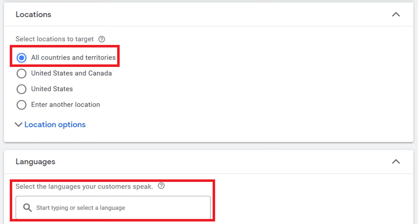 Selecting the target locations and languages for the Call-Only ads campaign in Google Ads