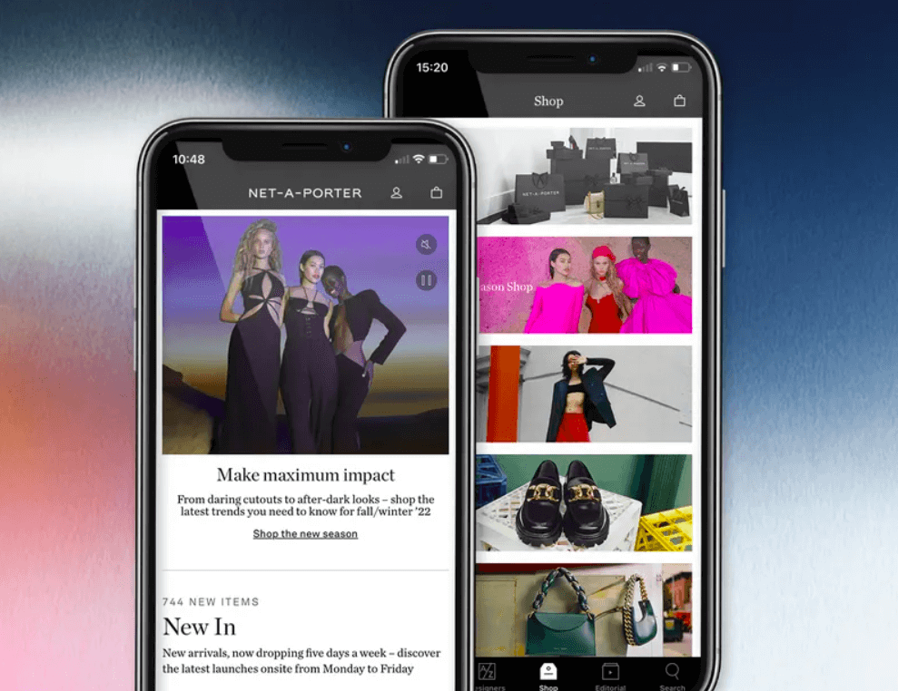 Net-a-Porter mobile app screenshots with products and services.