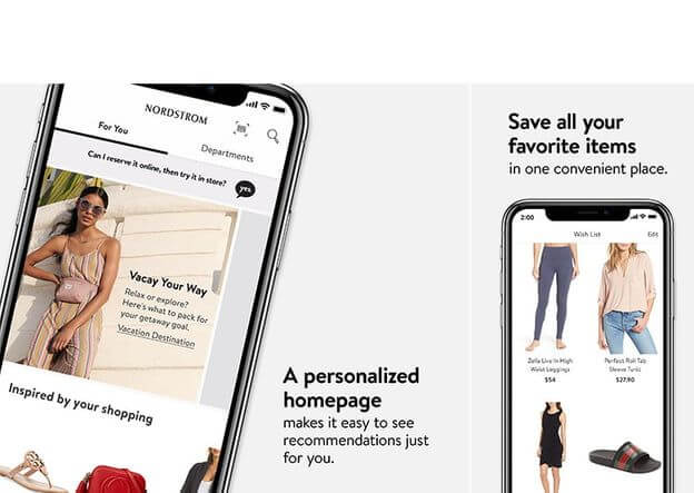 Nordstrom mobile app screenshots with product and services.
