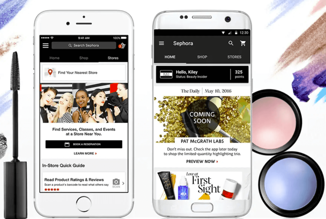 Sephora mobile app screenshots with products, services, and rewards.