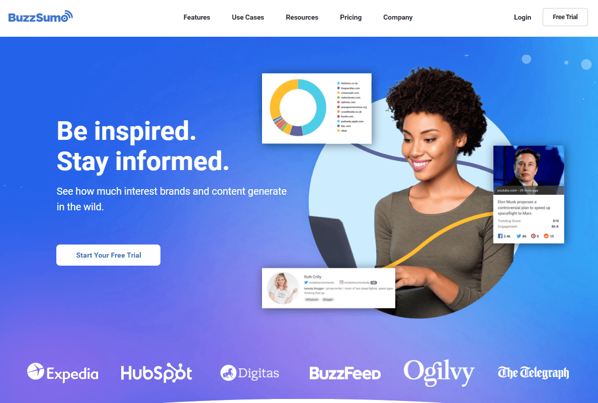 BuzzSumo homepage, a social media tool that can be used for competitor analysis in affiliate marketing