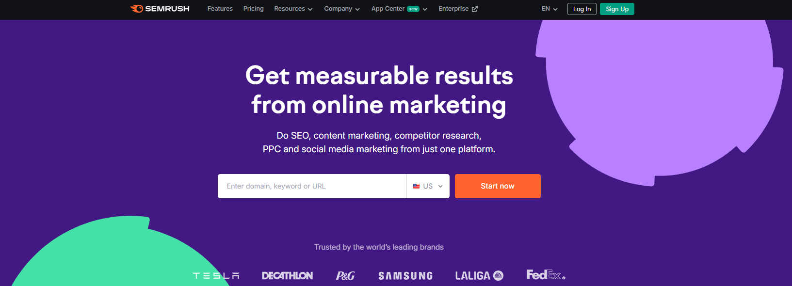 SEMrush homepage, an SEO tool that can be used for organic and paid traffic analysis in affiliate marketing