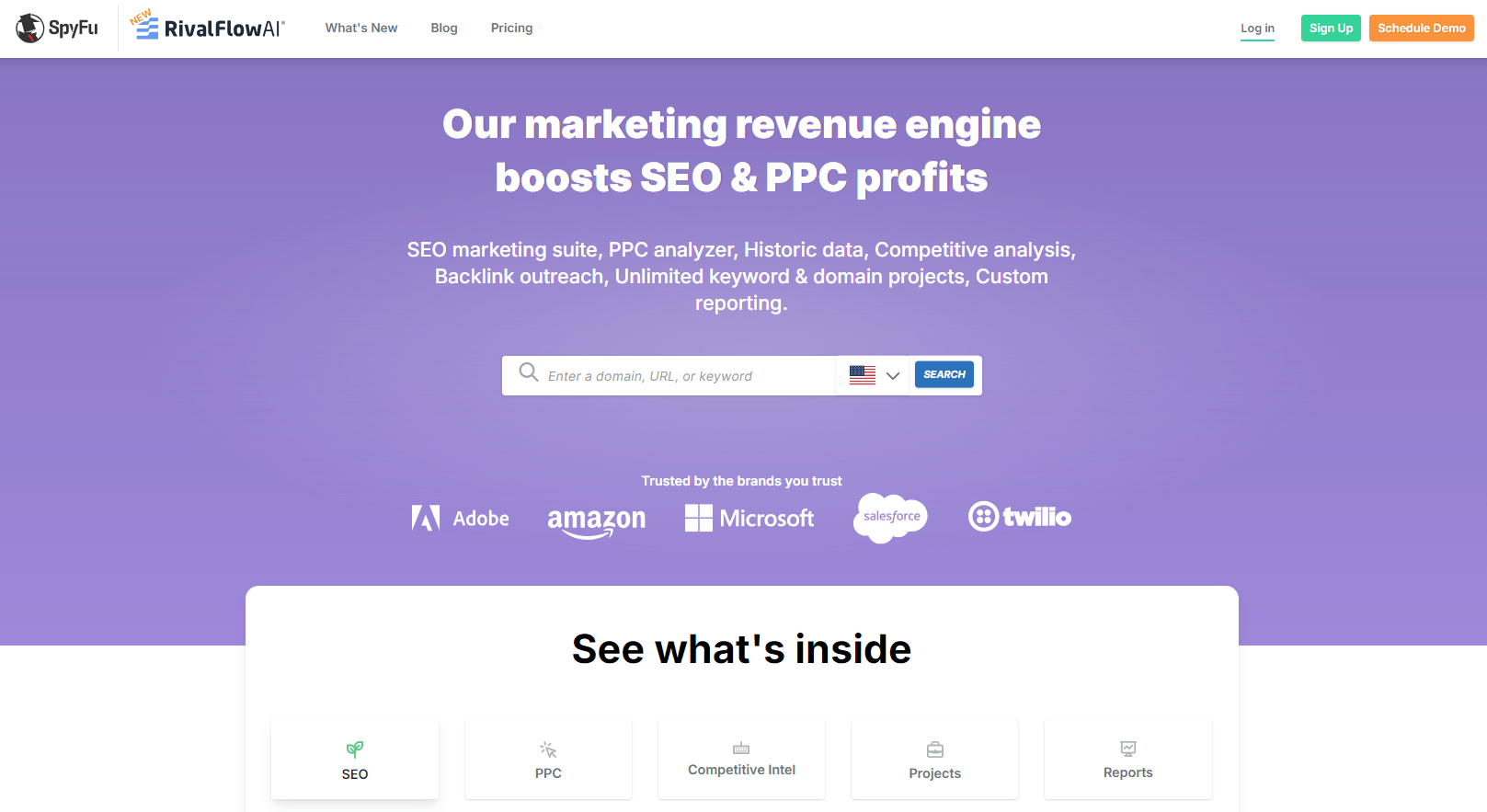 SpyFu homepage, a tool that can be used for PPC traffic analysis in affiliate marketing