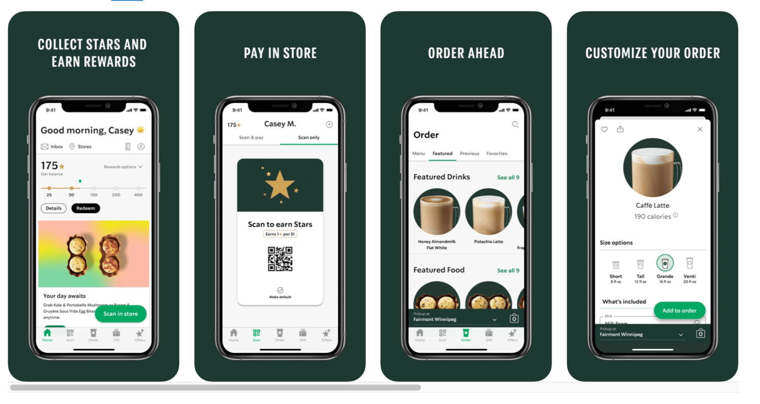 Starbucks mobile app screenshots with products, services, and rewards.