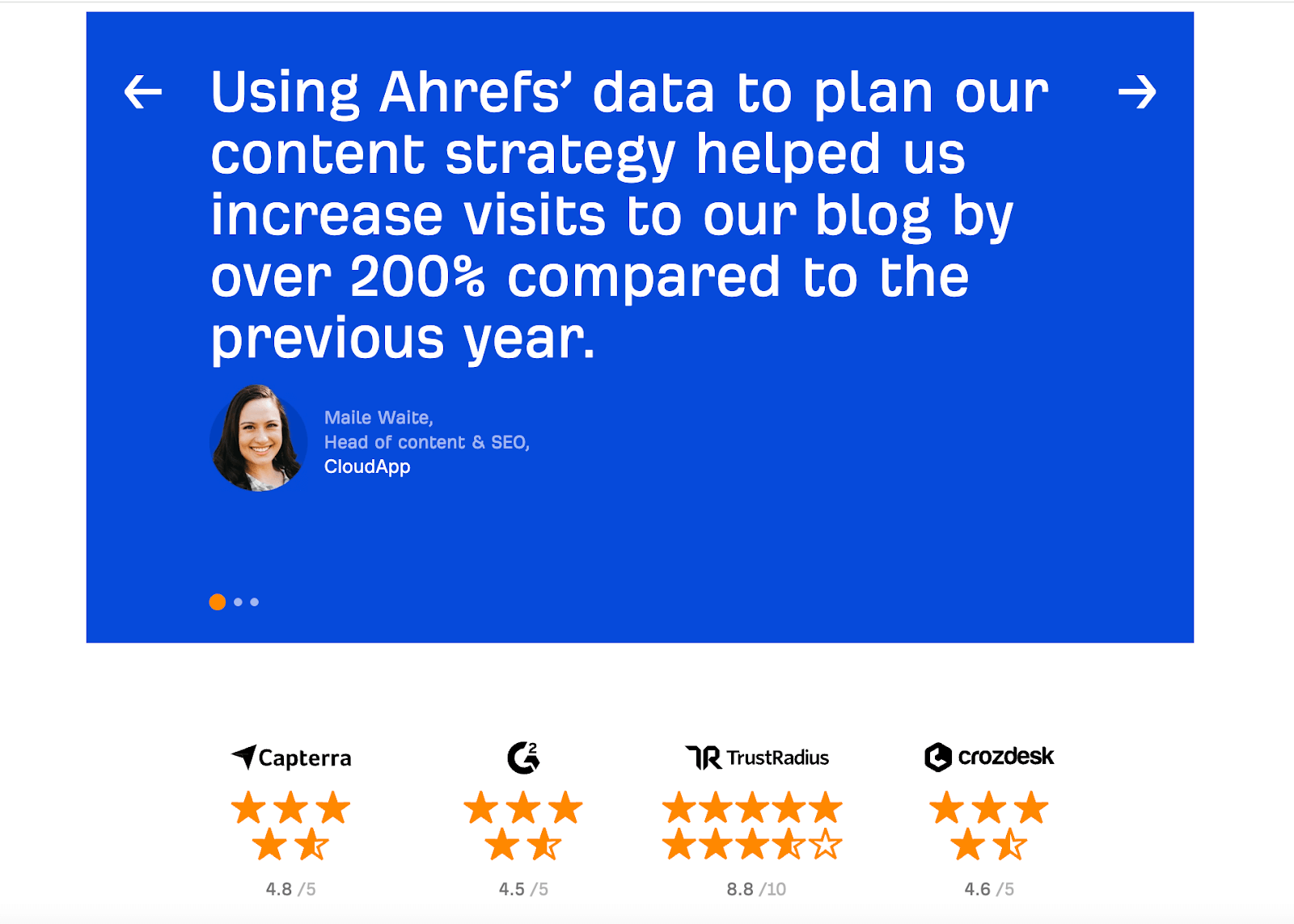 Customer testimonials on Ahrefs.