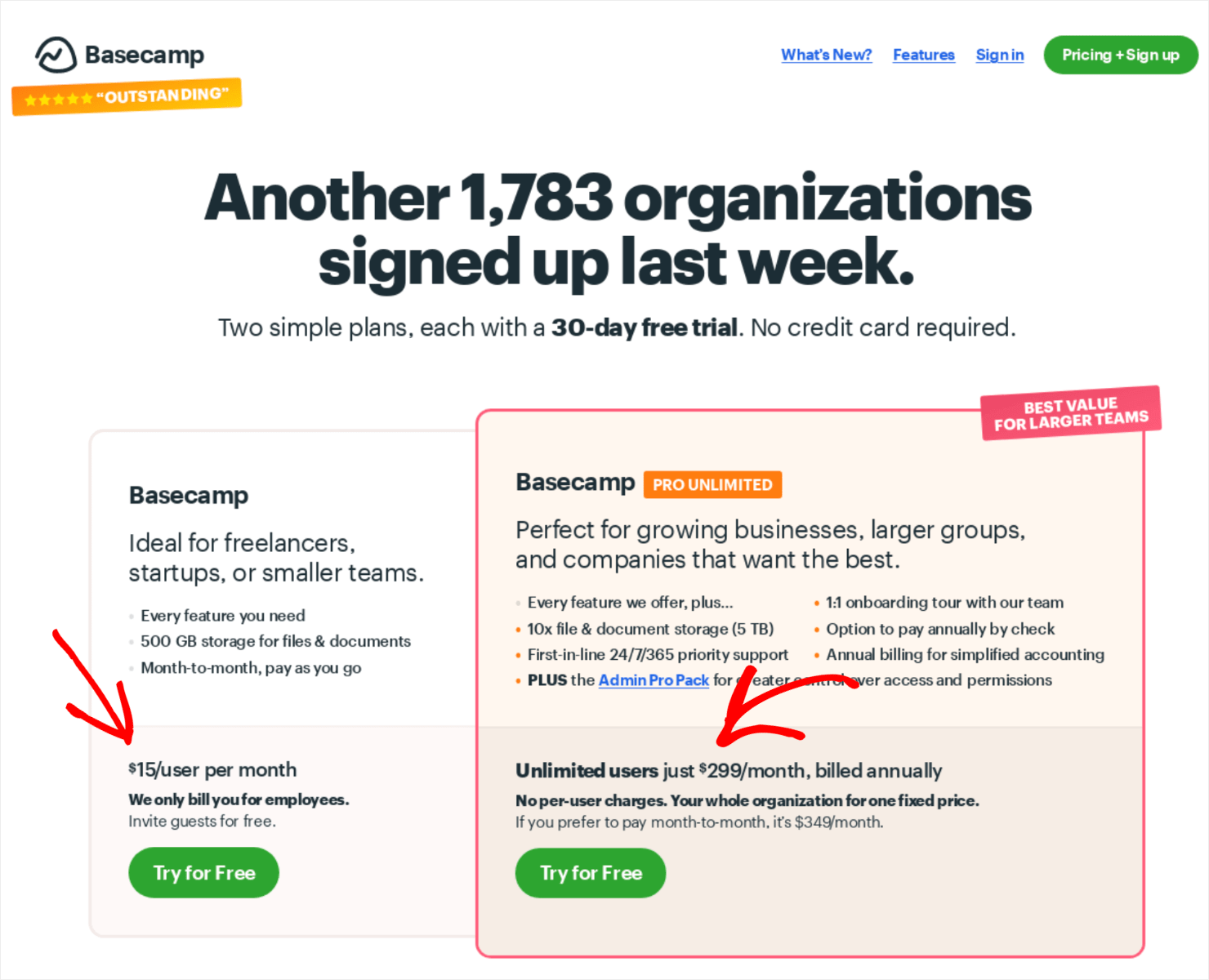 Screenshot of Basecamps' free trial offerings on the website.