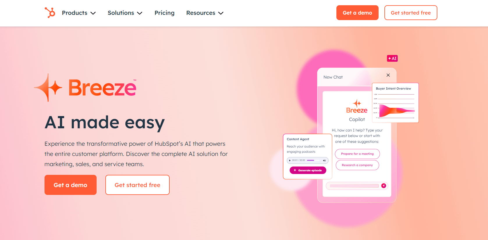 Screenshot of HubSpot's homepage with AI solutions for business.
