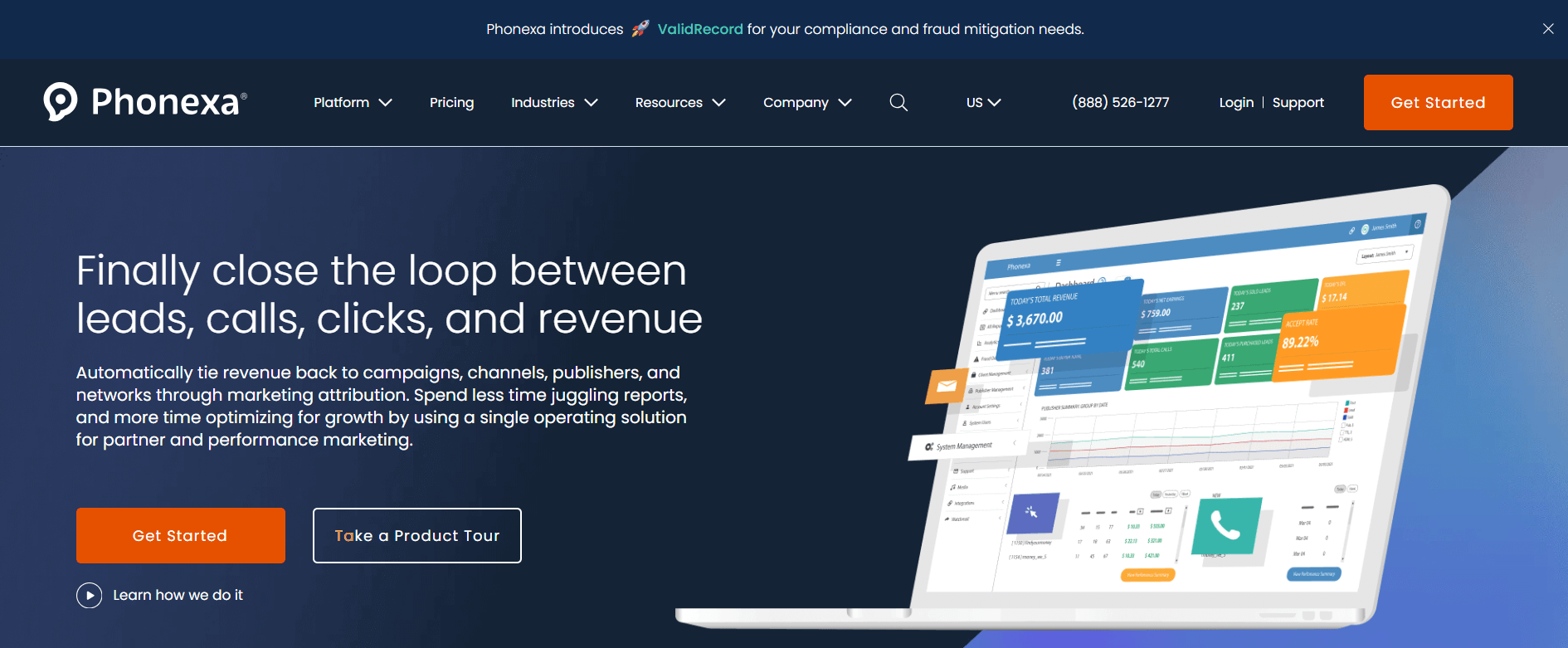 Phonexa homepage, an enterprise-grade platform for lead and phone call tracking, distribution, and analytics
