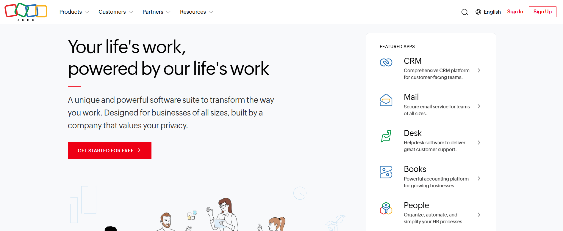 Zoho homepage, an enterprise-grade platform for lead and phone call tracking, distribution, and analytics