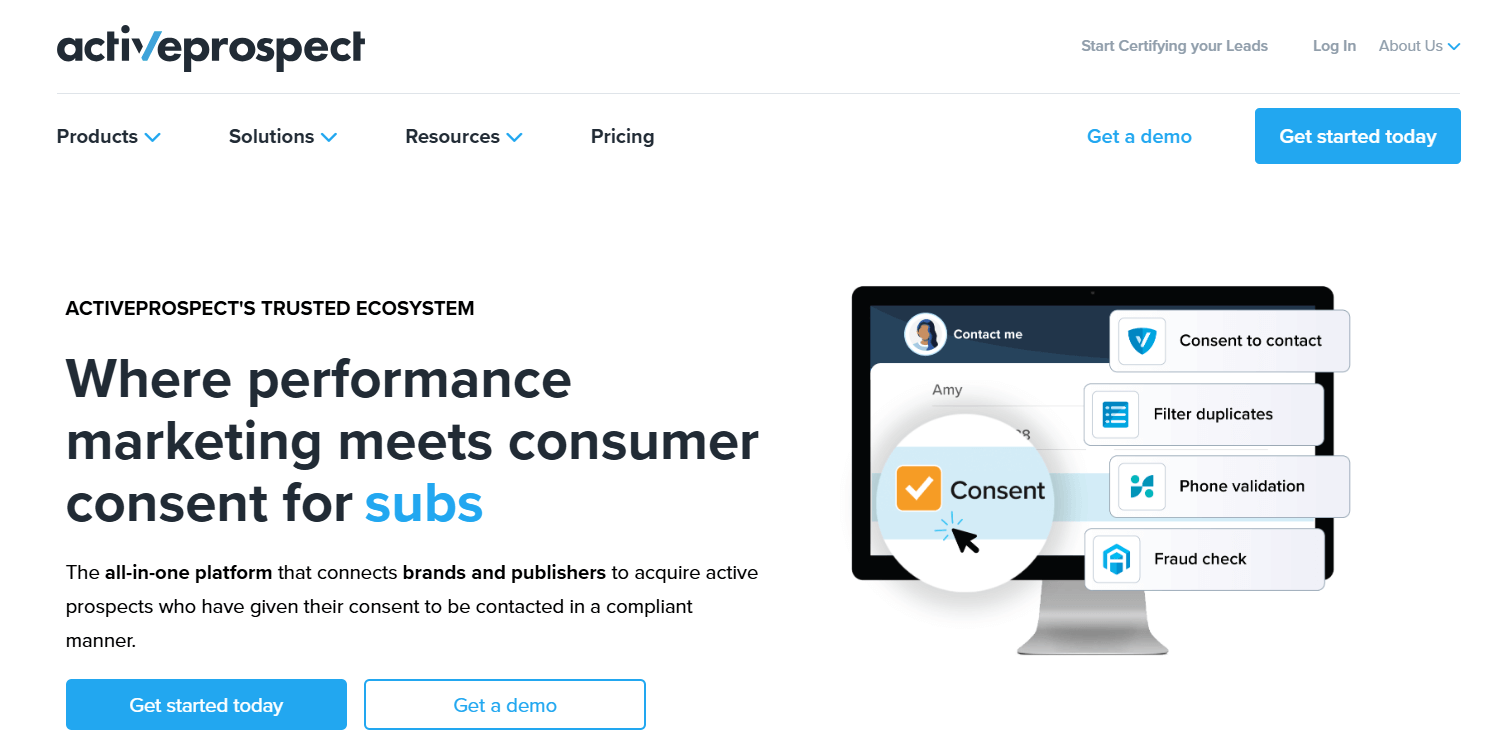 ActiveProspect homepage, an enterprise-grade platform for lead and phone call tracking, distribution, and analytics