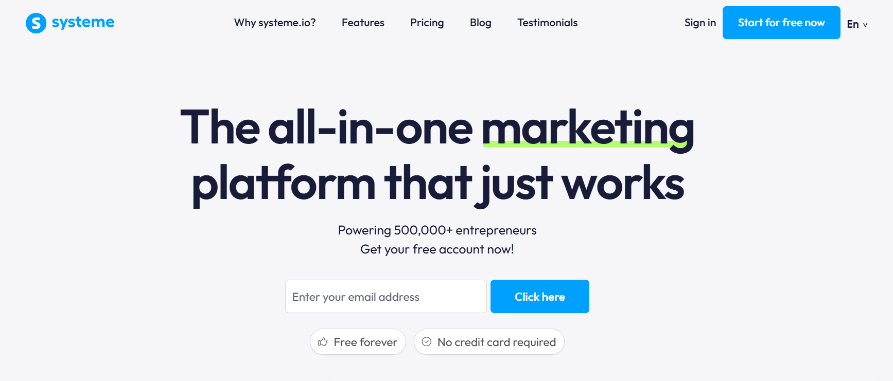 Systeme.io homepage, an enterprise-grade platform for lead and phone call tracking, distribution, and analytics