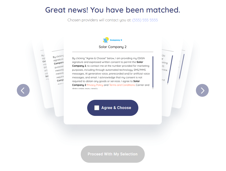 Lead generation form with custom consent language