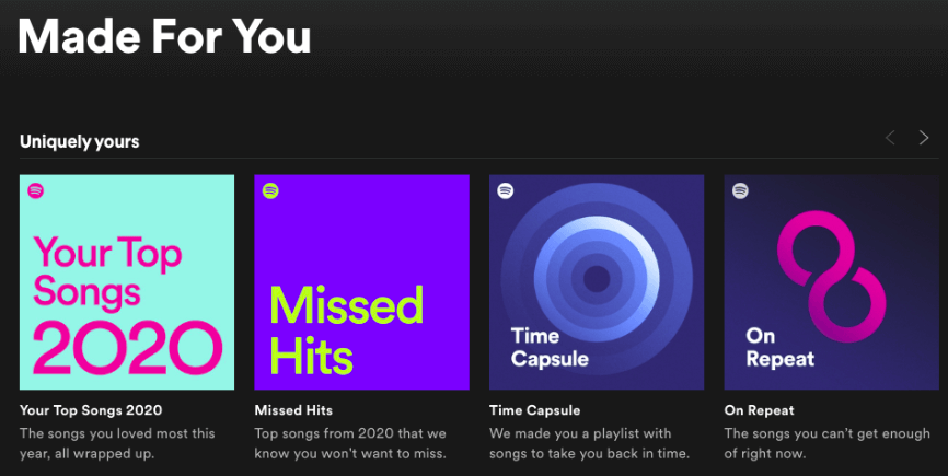 Screenshot of the Spotify app with personal recommendations for a user.