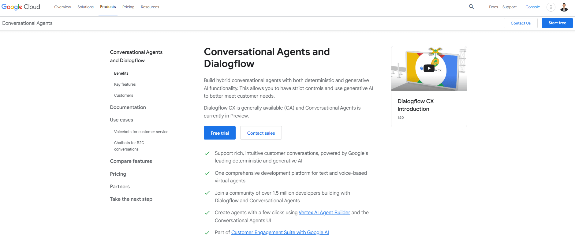 Gialogflow page, a Google Cloud's platform for developing AI chatbots and voice assistants