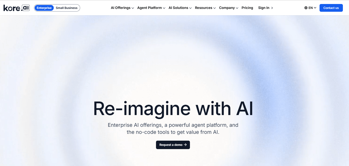 Kore.ai homepage, an AI platform for developing virtual assistants