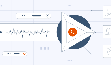 Illustration of an AI voice call technology with a digital waveform and an arrow pointing toward potential customers representing how AI calls drive customer acquisition.