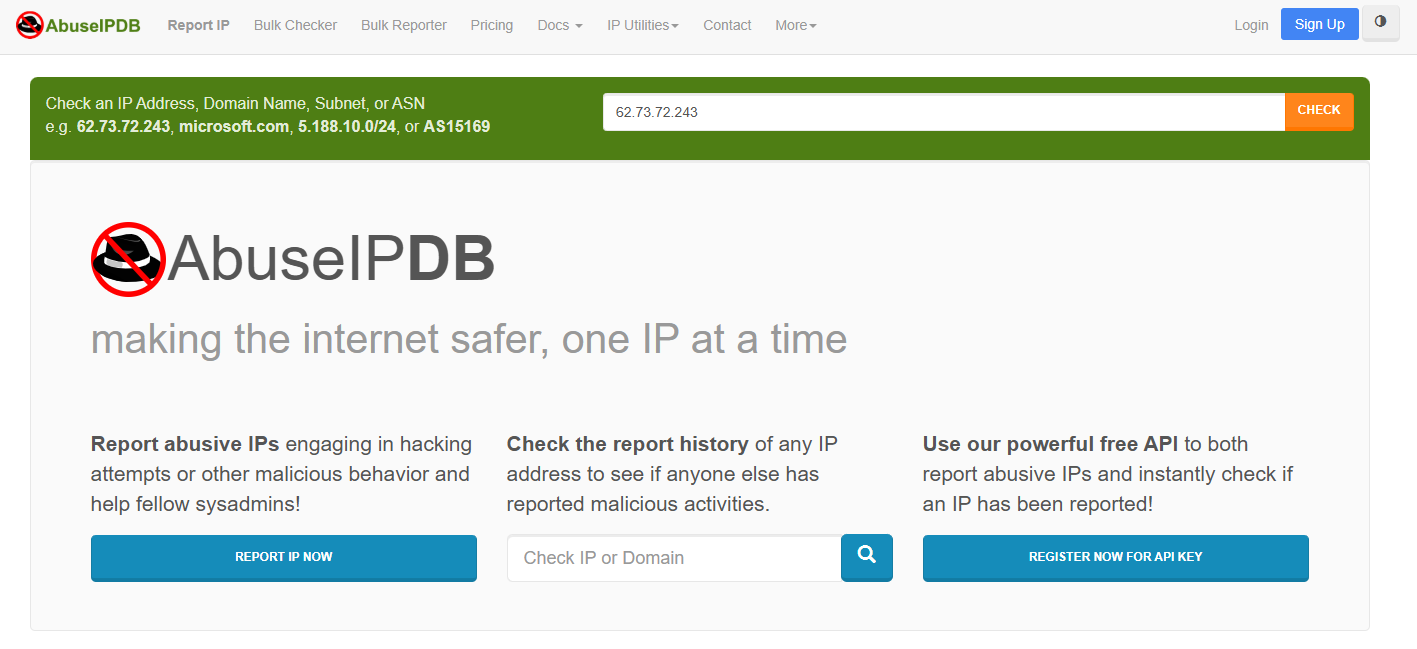 AbuseIPDB homepage, an IP reputation checker and domain screener