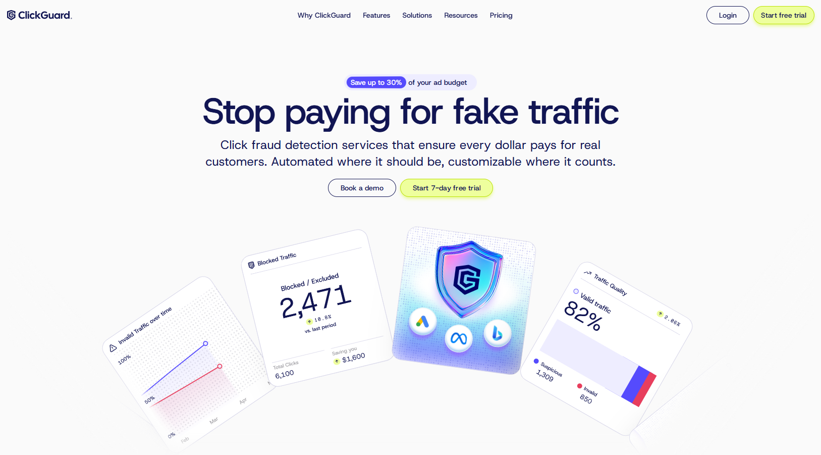 ClickGuard homepage, a traffic filtering and bot mitigation toolkit