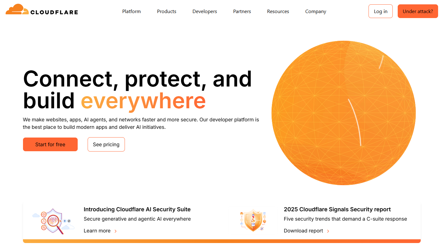 Cloudflare homepage, a core internet infrastructure for websites, including IP verification and fraud protection tools