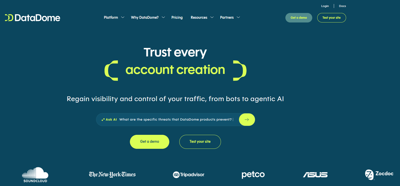 DataDome homepage, an IP lookup and fraud protection solution