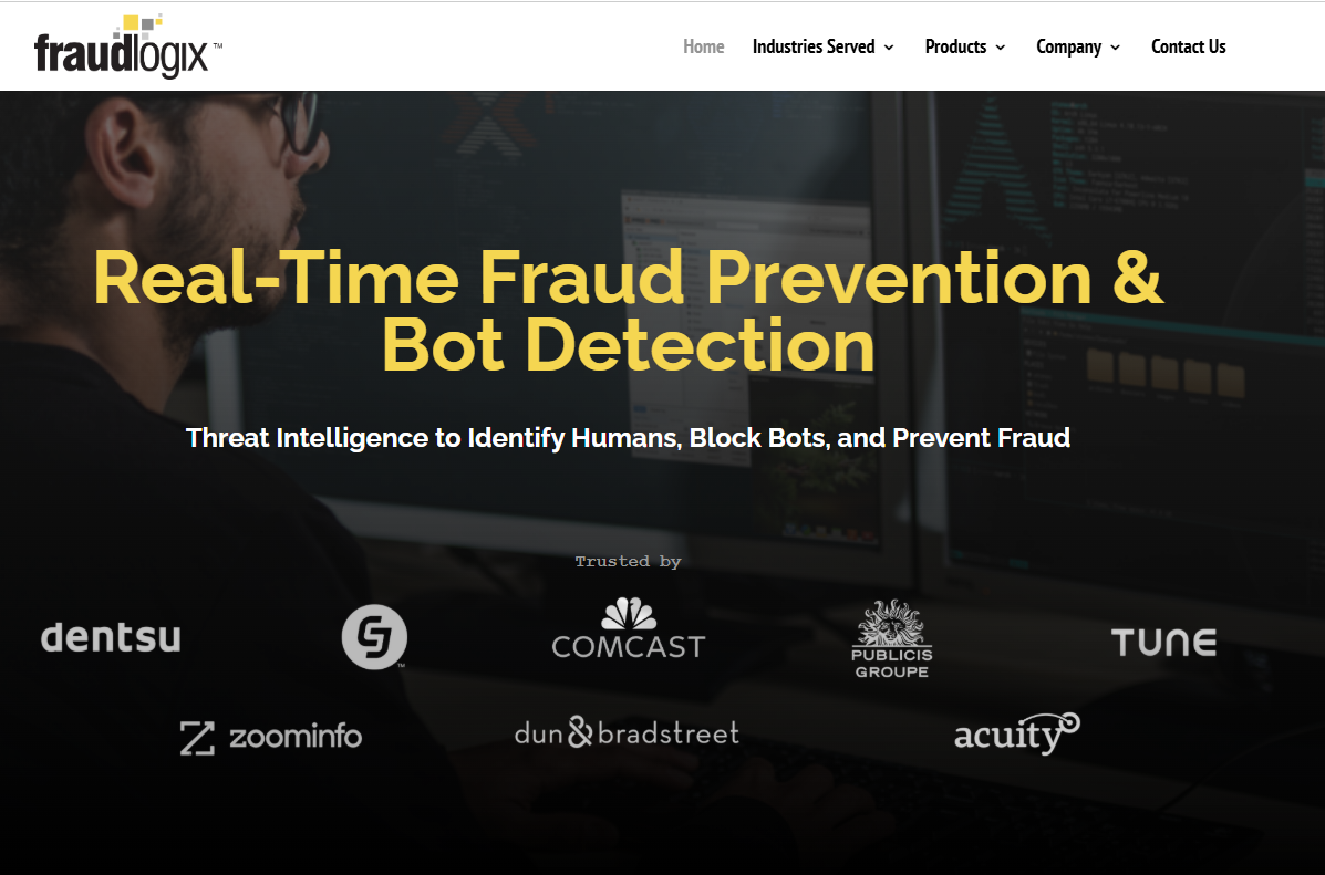 Fraudlogix homepage, a real-itme IP lookup and anti-fraud platform