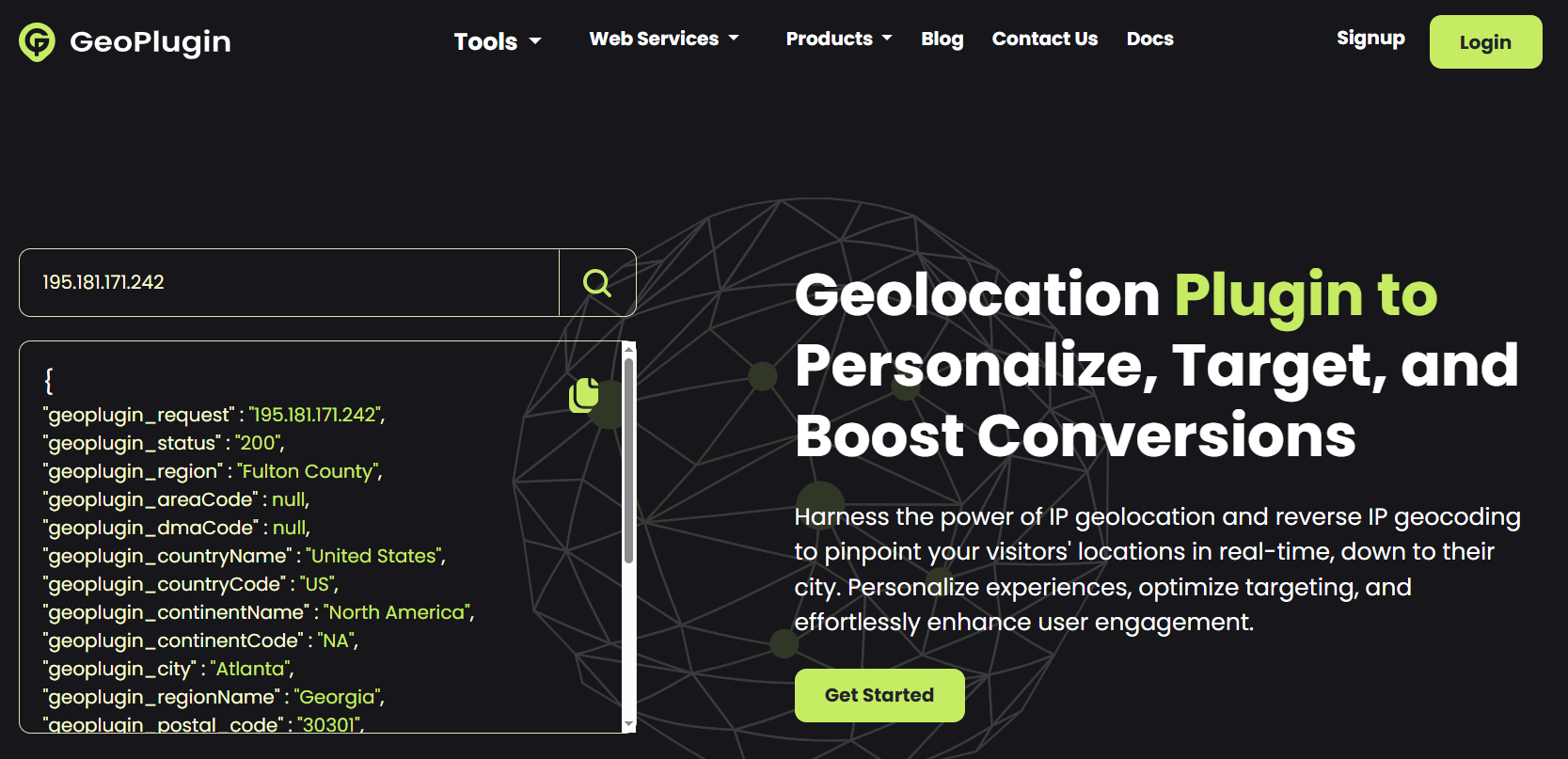 GeoPlugin homepage, an IP reverse engineering plugin