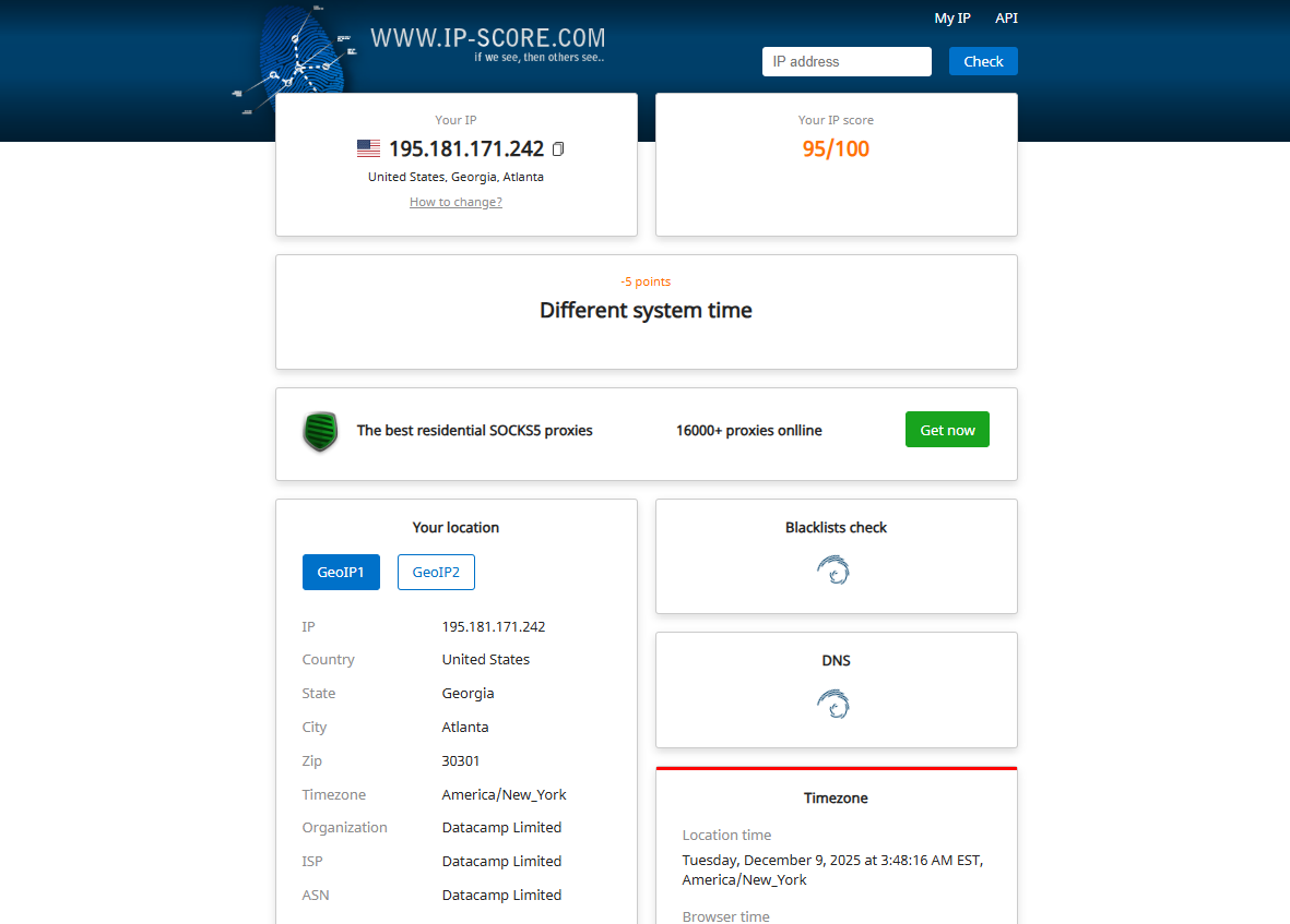 IP Score homepage, an instant IP reputation checker and scorer