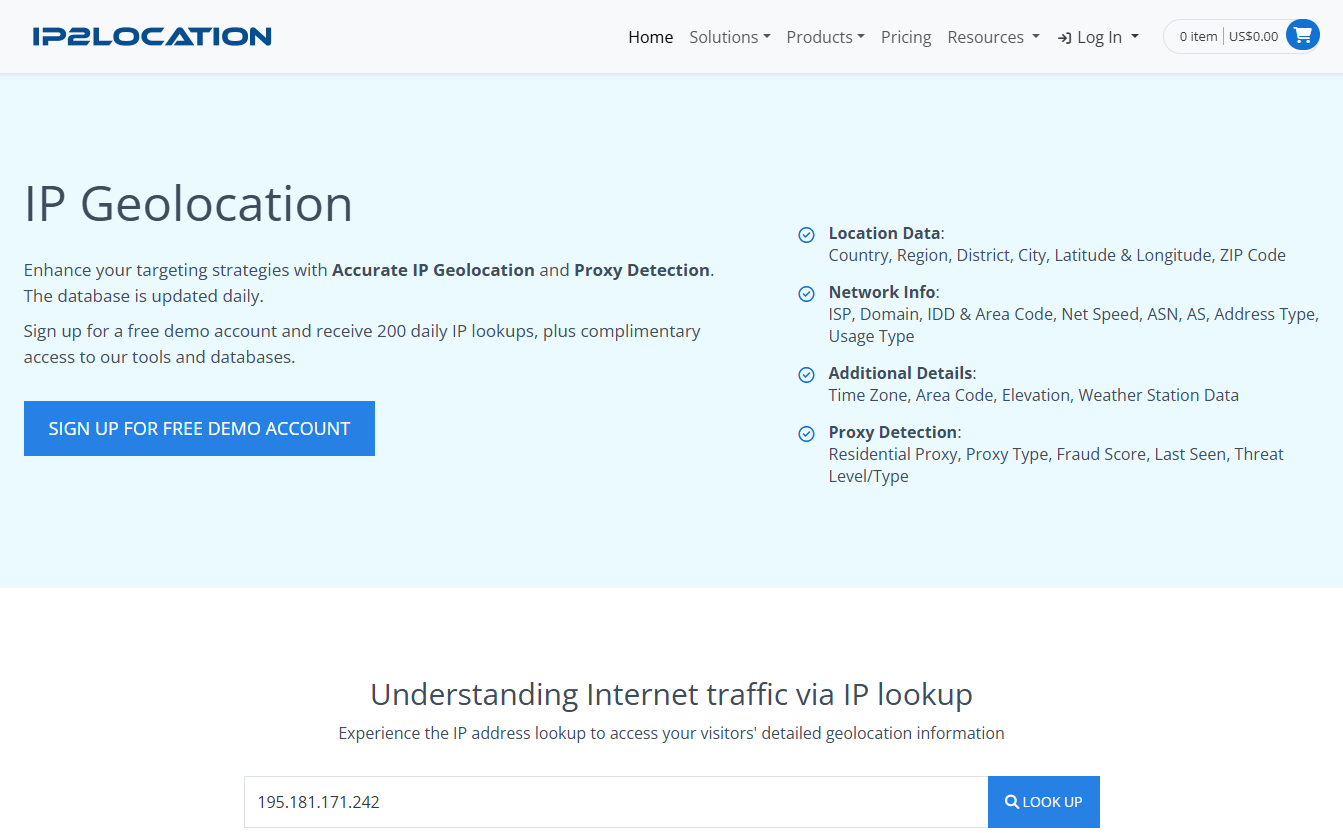 IP2Location homepage, an IP data toolkit