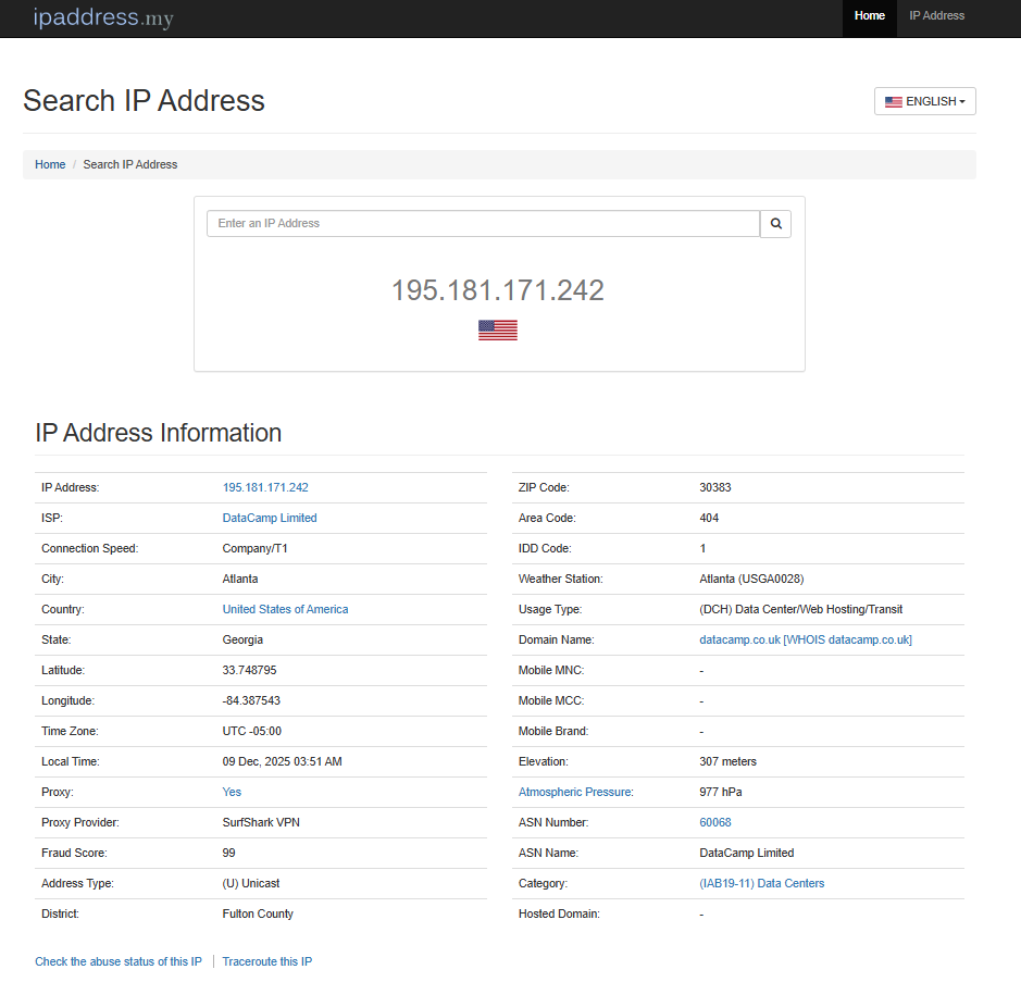 IPAddress.my homepage, an IP geolocation checker