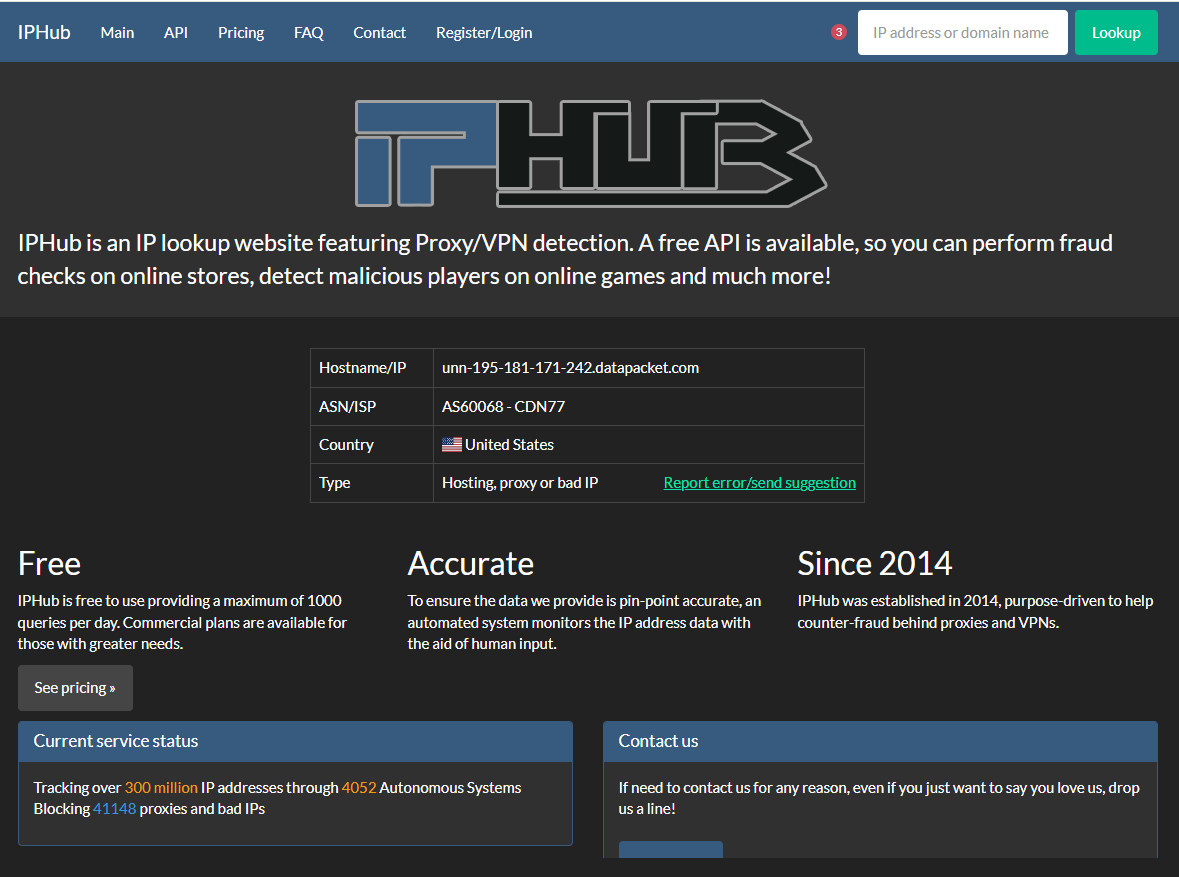 IPHub homepage, an IP lookup tool