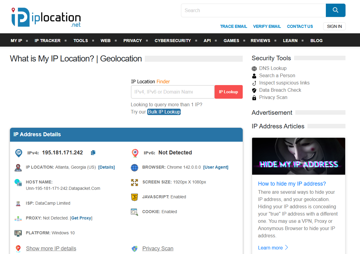 IPLocation.net homepage, a comprehensive collection of IP intelligence tools