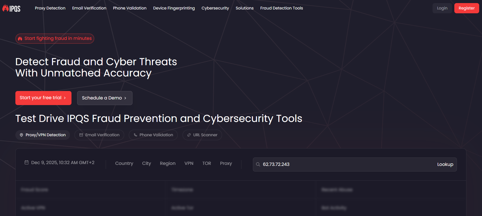IPQualityScore homepage, an IP lookup platform