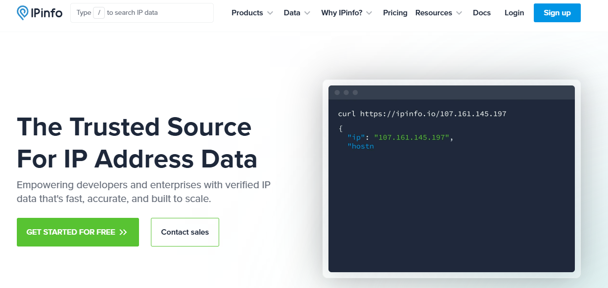 IPinfo homepage, an IP data and fraud prevention toolkit