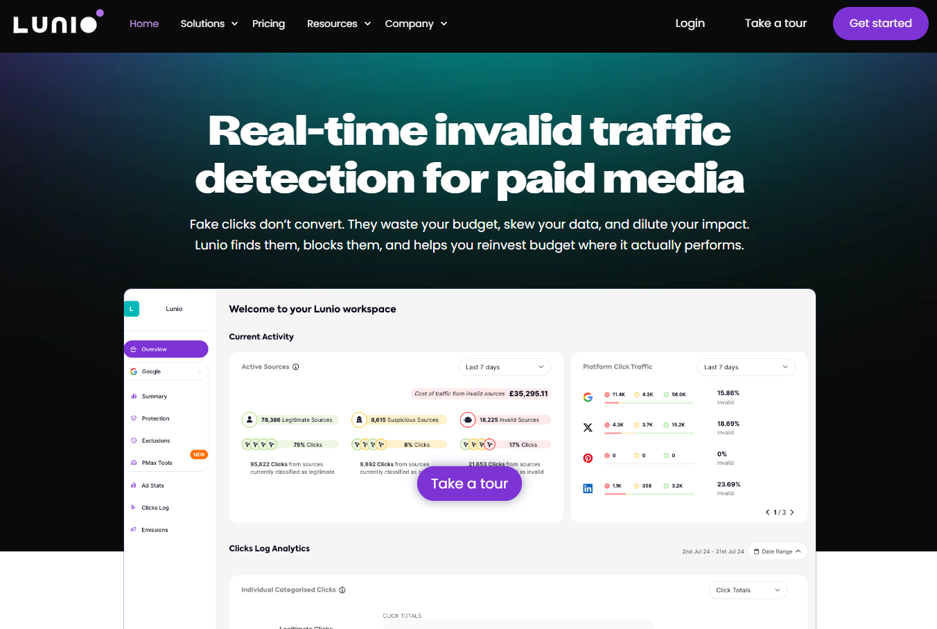 Lunio homepage, an IP lookup and real-time traffic validator